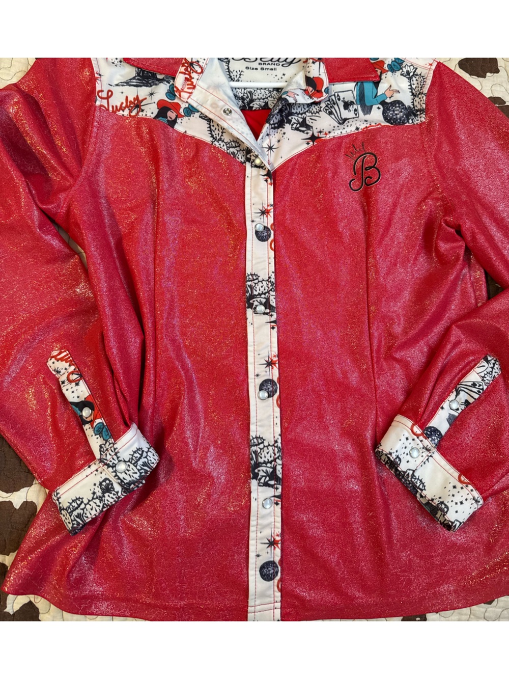 Shimmery Red Button-Down Shirt Printed Vegas Theme Betty Brand Small Western